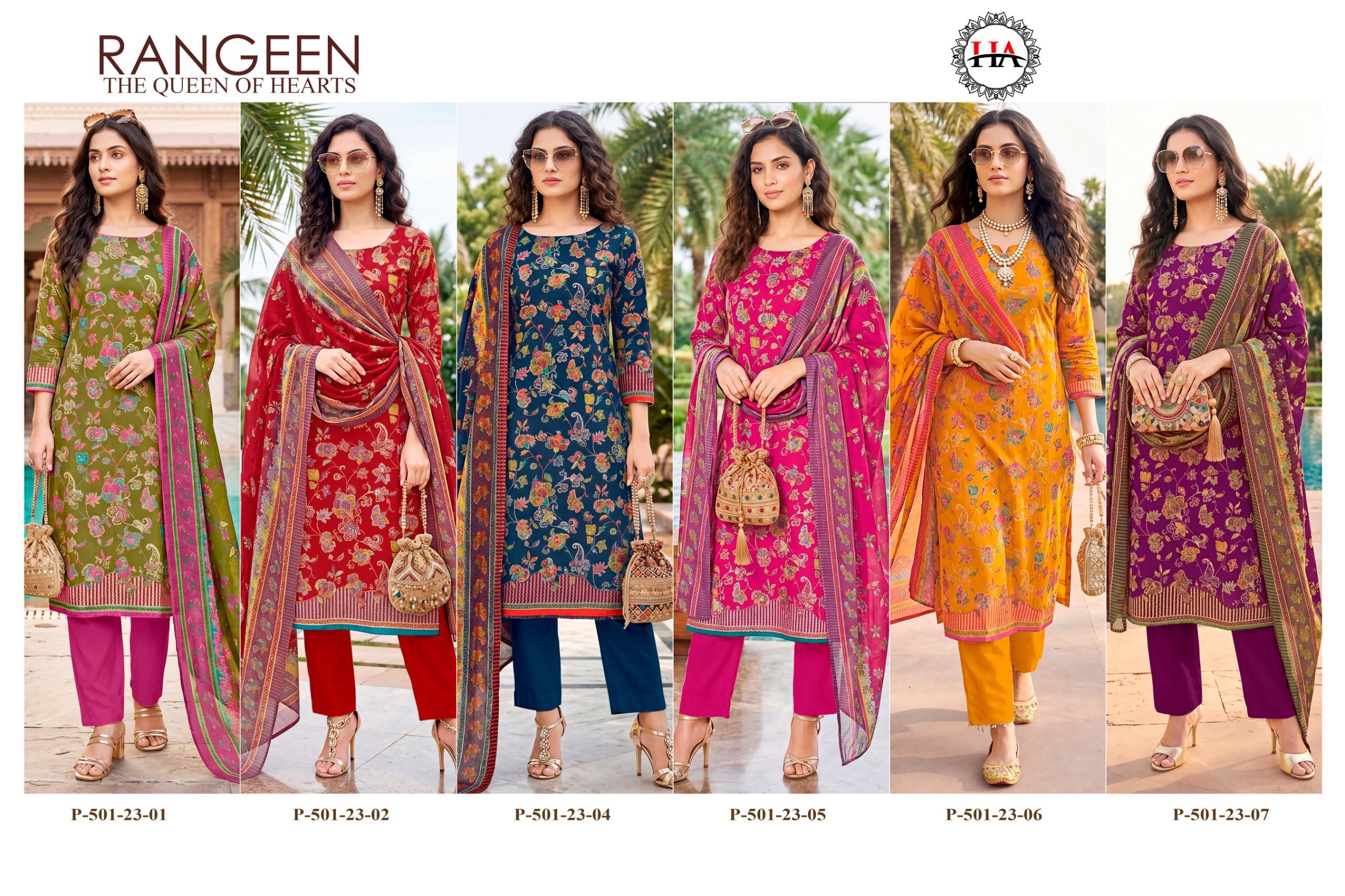 RANGEEN by Harshit Fashion Hub 501-23-01 To 501-23-06 Series Stylish Beautiful Colourful Printed Pure Discharge Zam At Wholesale Price